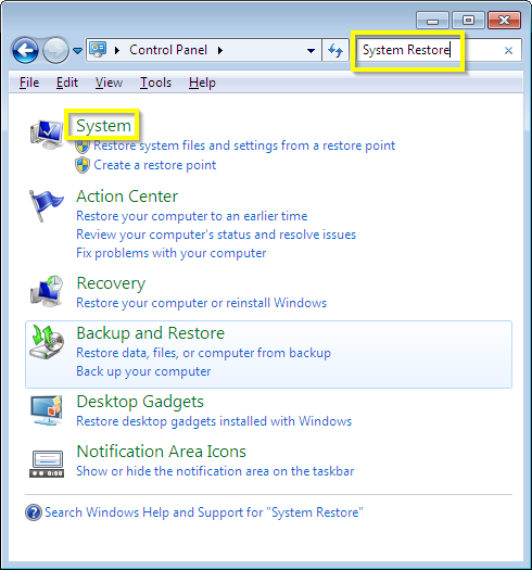 Search for System Restore