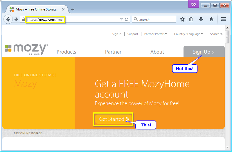 Mozy Free homepage