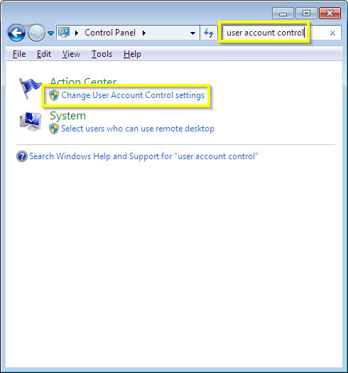 Change User Account Control settings link