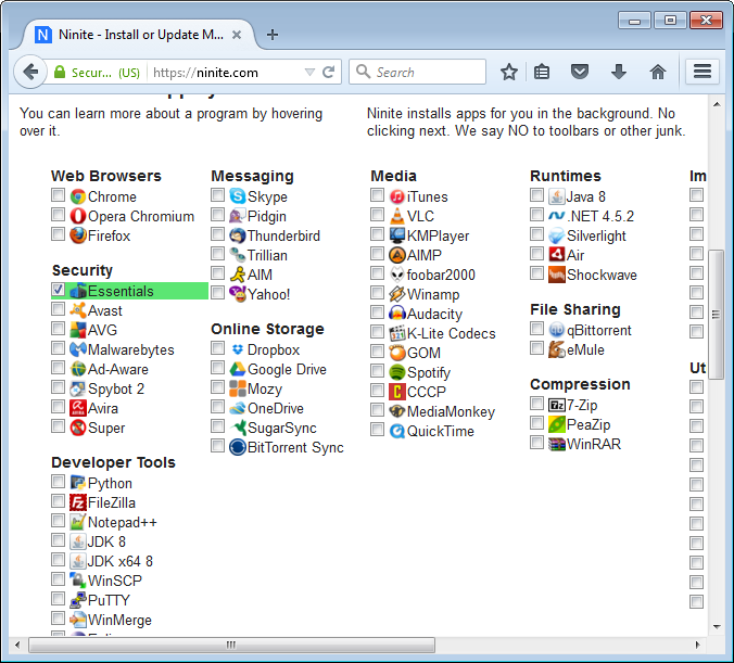 Microsoft Security Essentials on Ninite