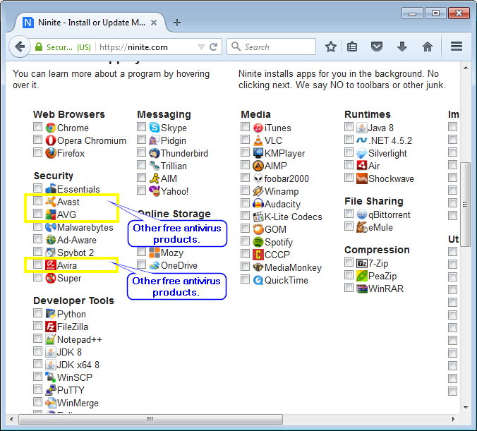 Other free antivirus products on Ninite