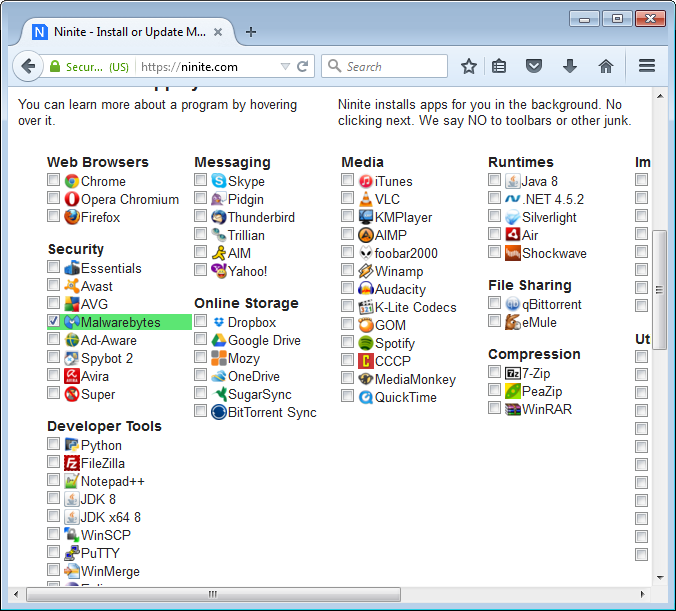 MalwareBytes on Ninite