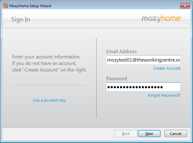 Sign into MozyHome client