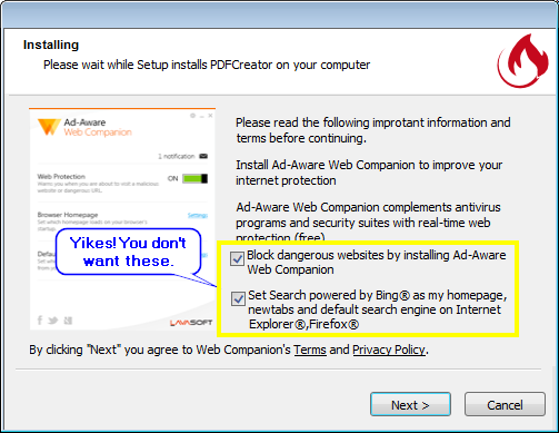 Ad-Aware and Bing with PDFCreator