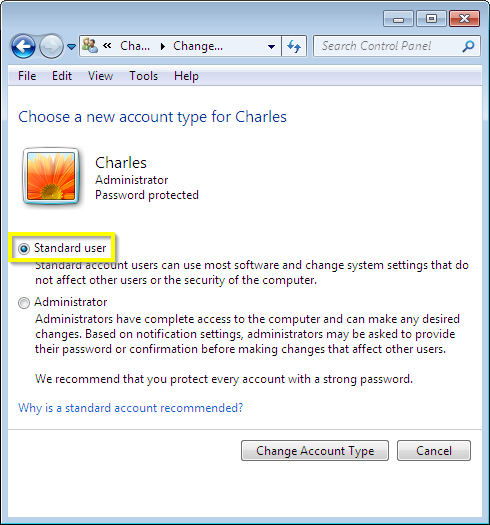 Make Charles a standard account