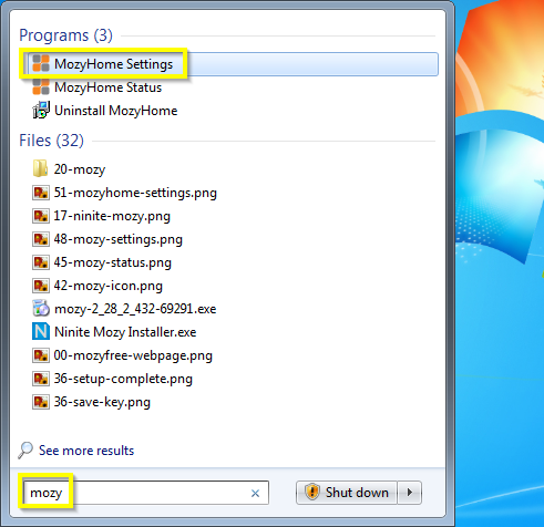 Start menu search for Mozy