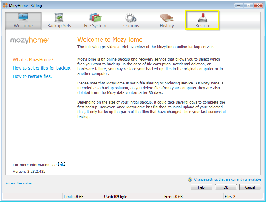 Mozy Restore tab