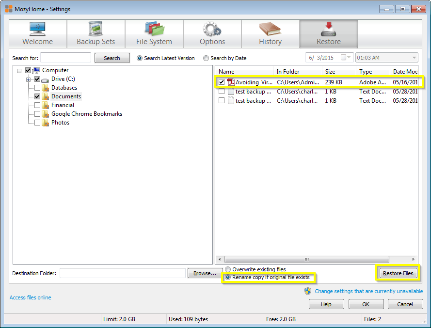 Mozy restore files