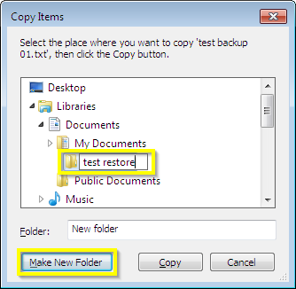 Make test restore folder